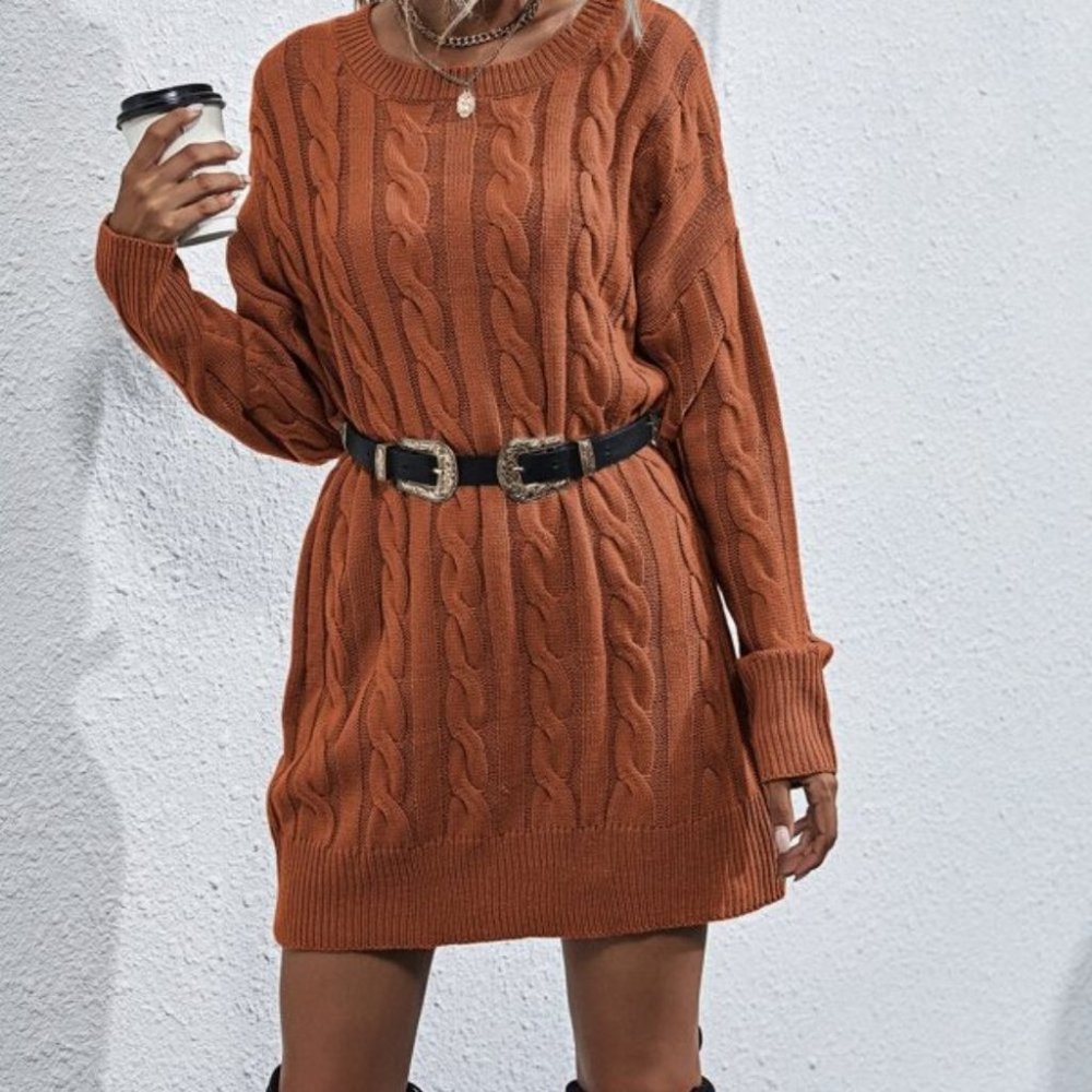 oversized chunky knit cable sweater dress - Picture 4 of 5